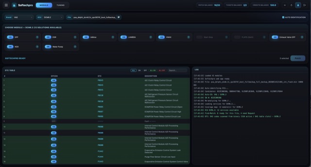 Softechpro 2.0.2 — VAG Delphi DCM6.2: DPF, EGR, AdBlue, Lambda, VMAX, NOx modules (12 solutions)