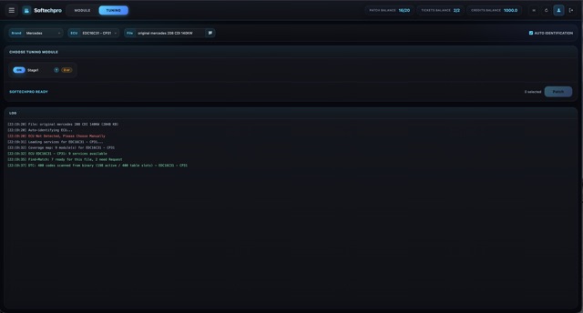 Tuning tab — Stage 1 remap with credits