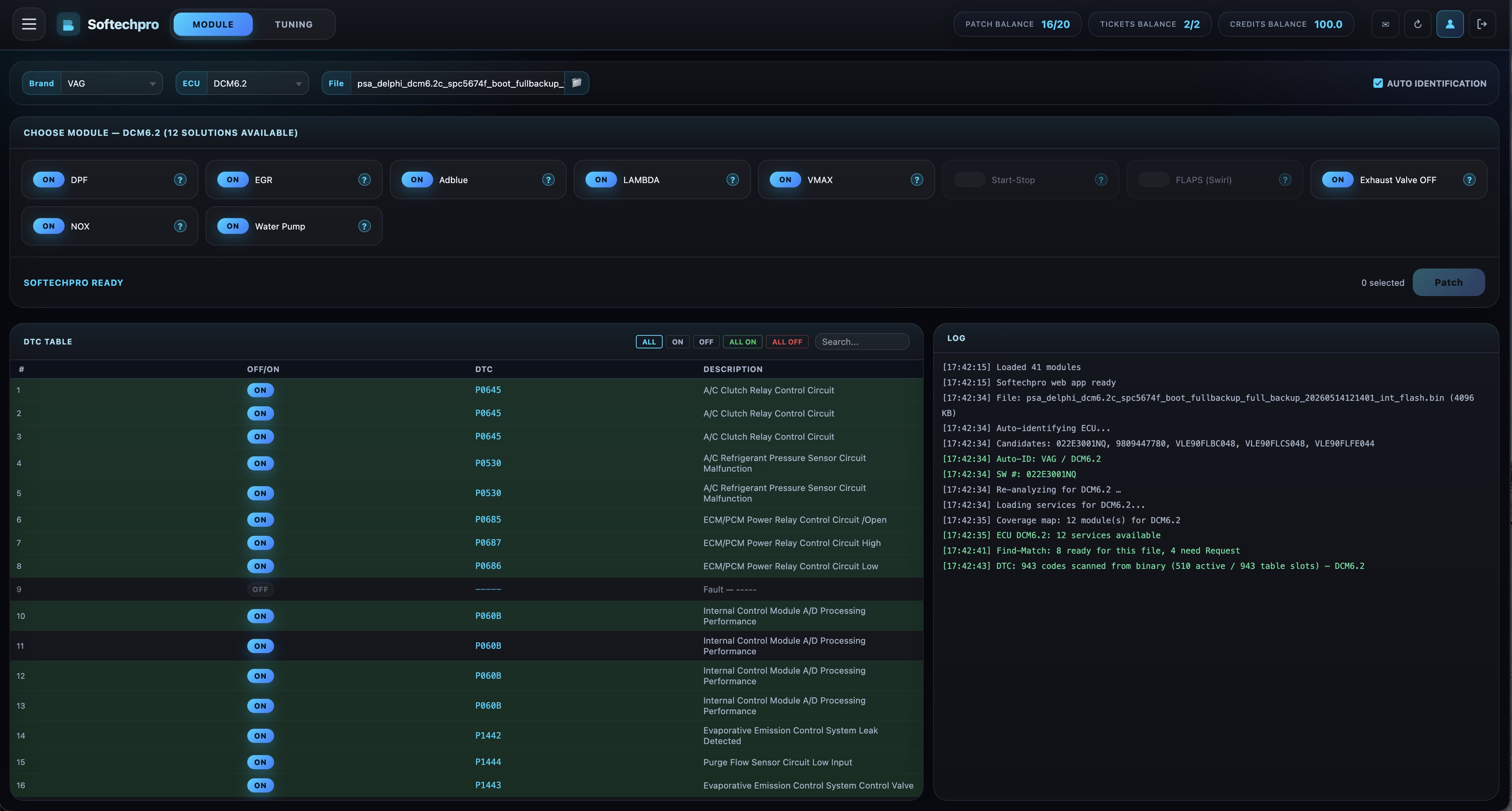 Softechpro 2.0.2 tuning panel — module selection and DTC engine